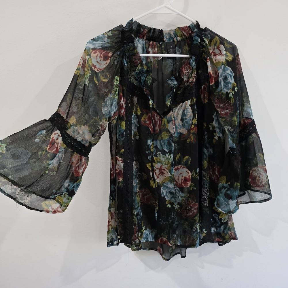 Sheer Floral Womens Top Size Small Flare Sleeve Cowgirl‎ Boho